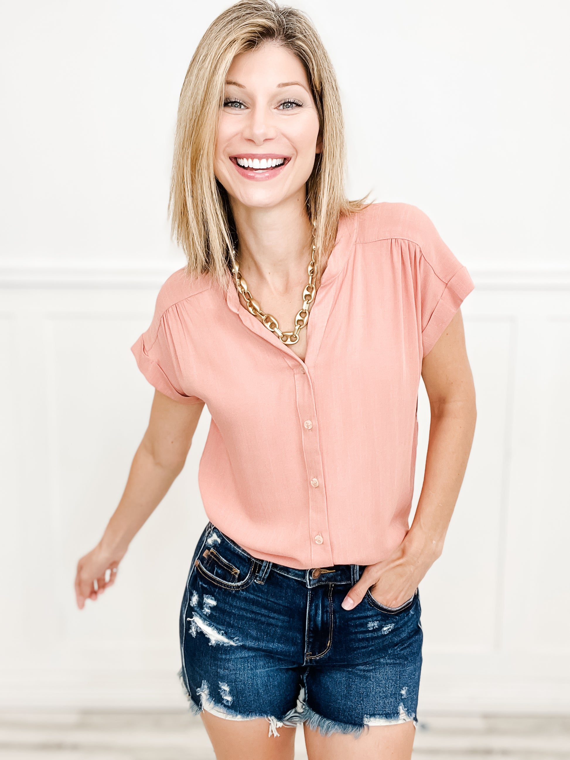 Lose Control Short Roll Sleeve Button Down Top