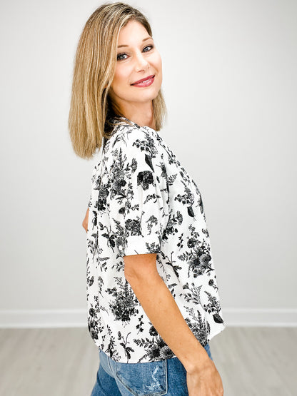 Floral Print Half Button Closure Neckline Short Sleeve Top