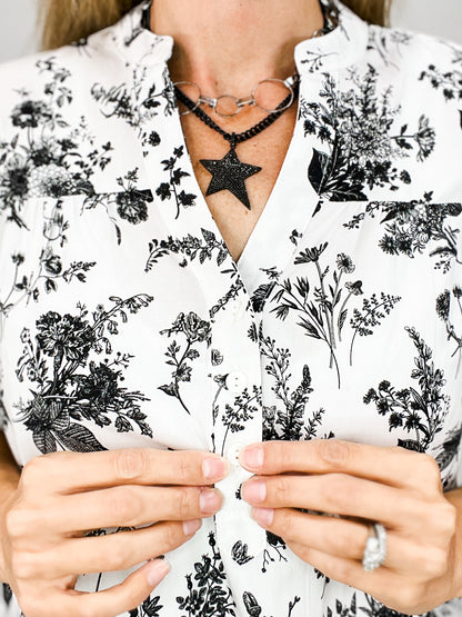 Floral Print Half Button Closure Neckline Short Sleeve Top