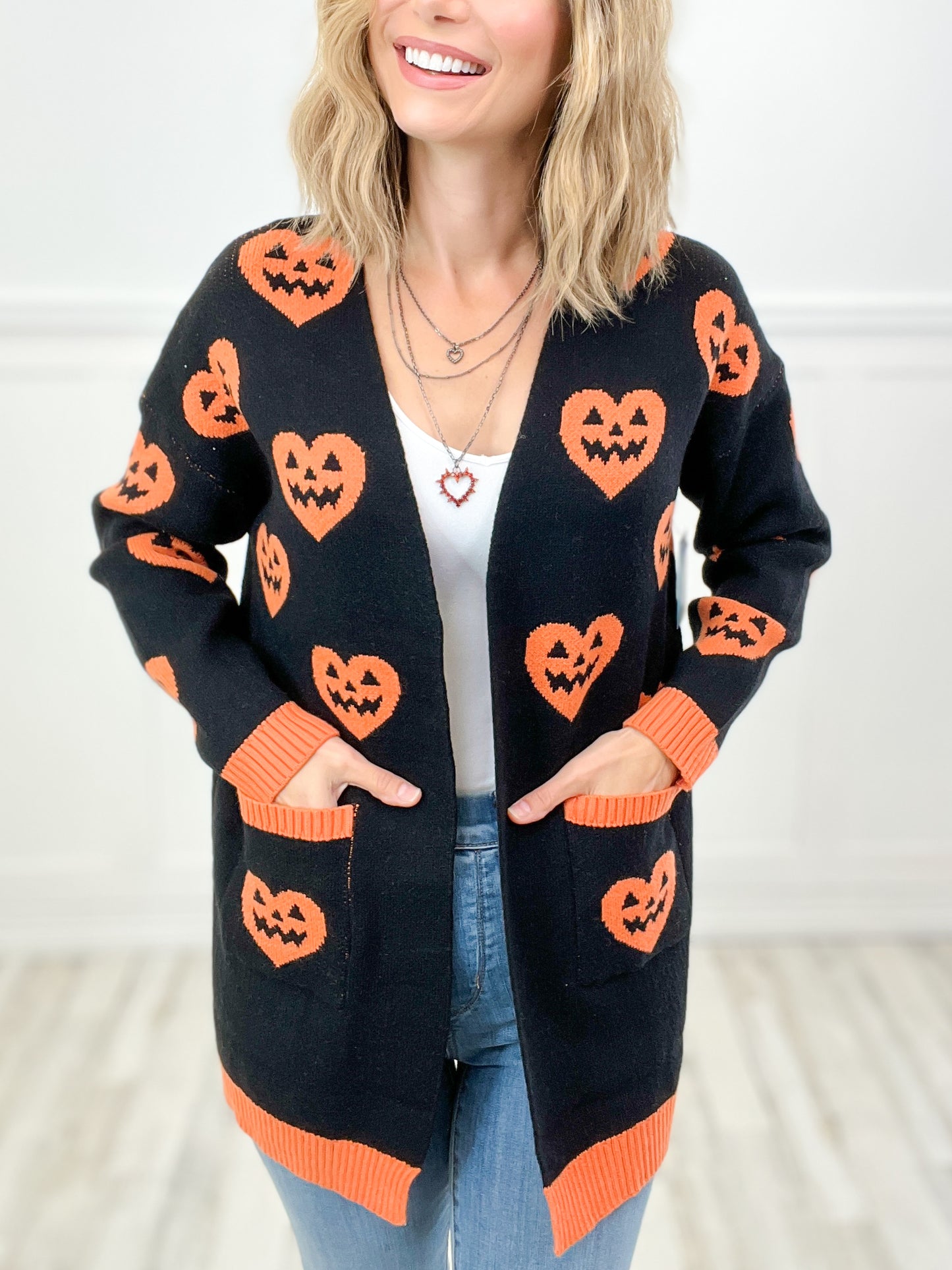 Halloween Heart Shaped Jack-o'-Lanterns Open Front Long Sleeve Cardigan