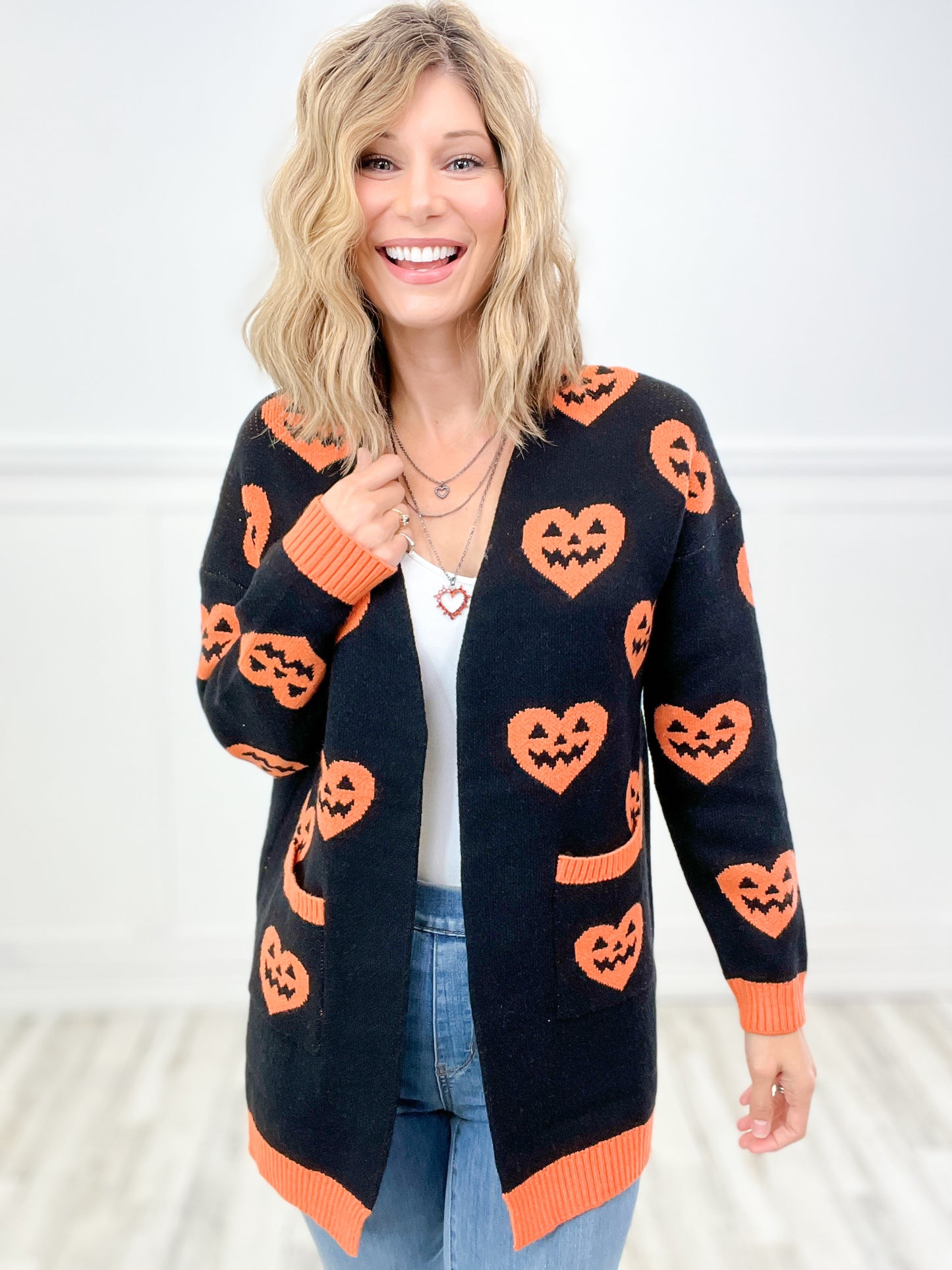 Halloween Heart Shaped Jack-o'-Lanterns Open Front Long Sleeve Cardigan