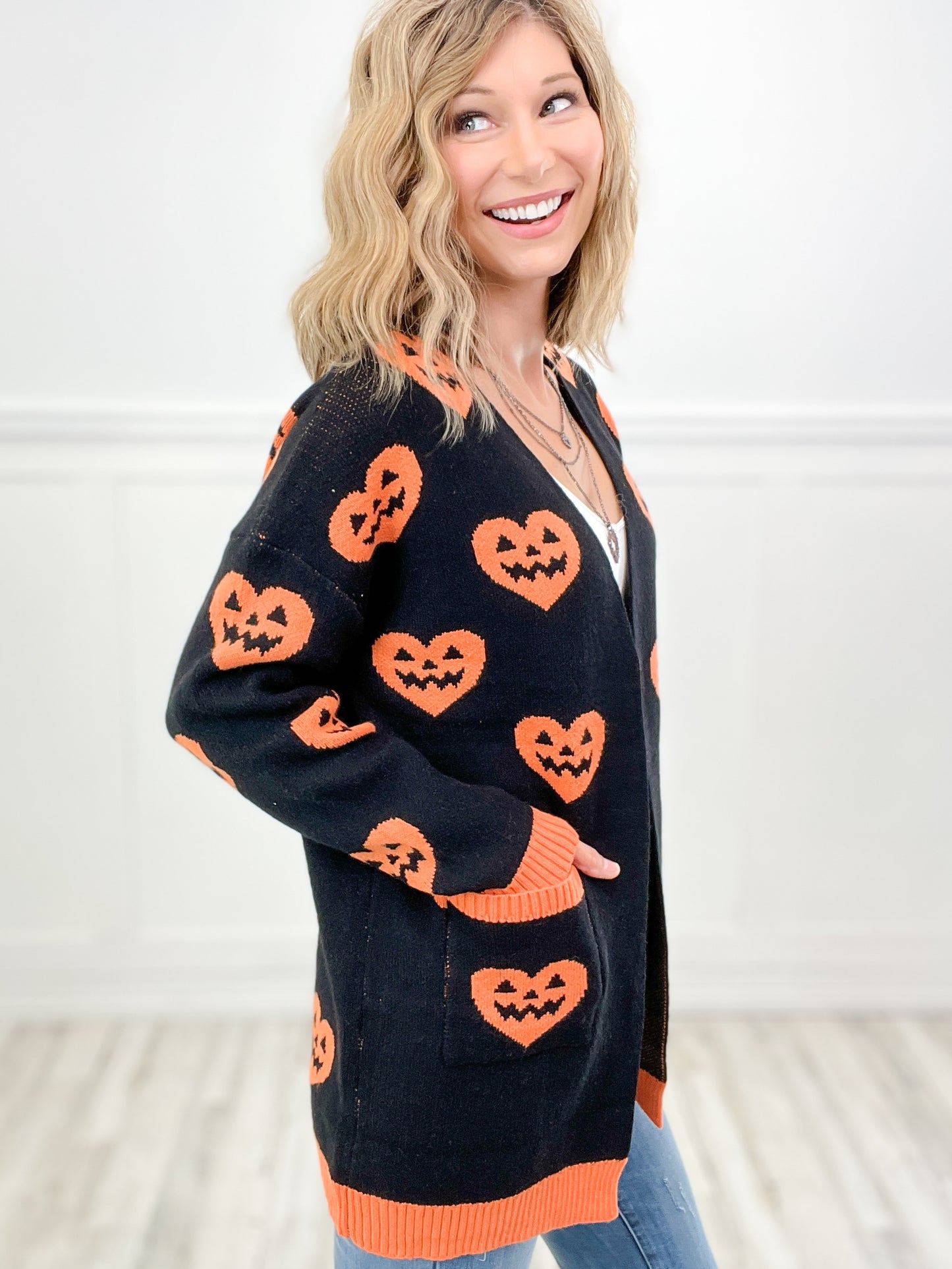 Halloween Heart Shaped Jack-o'-Lanterns Open Front Long Sleeve Cardigan