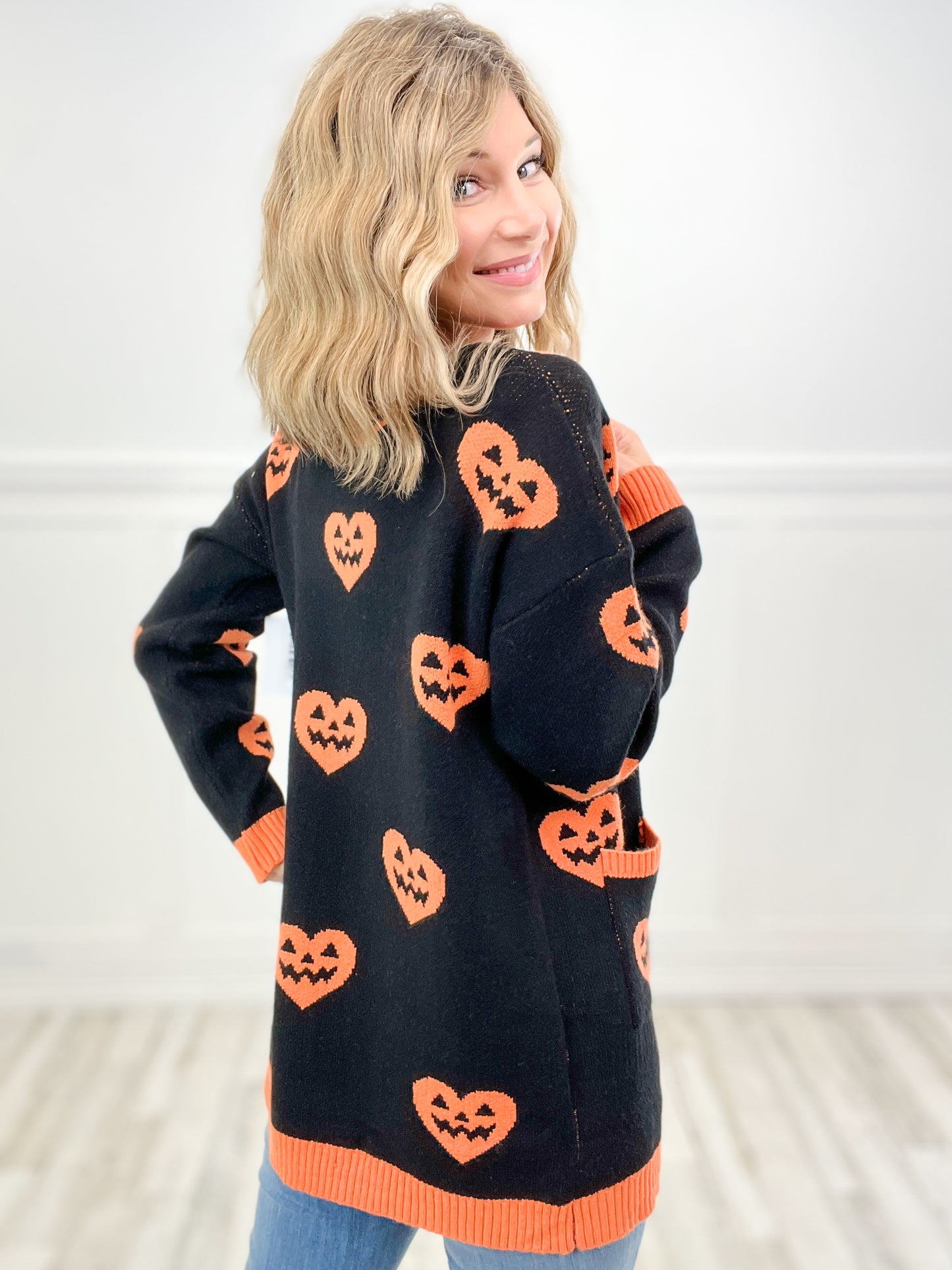 Halloween Heart Shaped Jack-o'-Lanterns Open Front Long Sleeve Cardigan