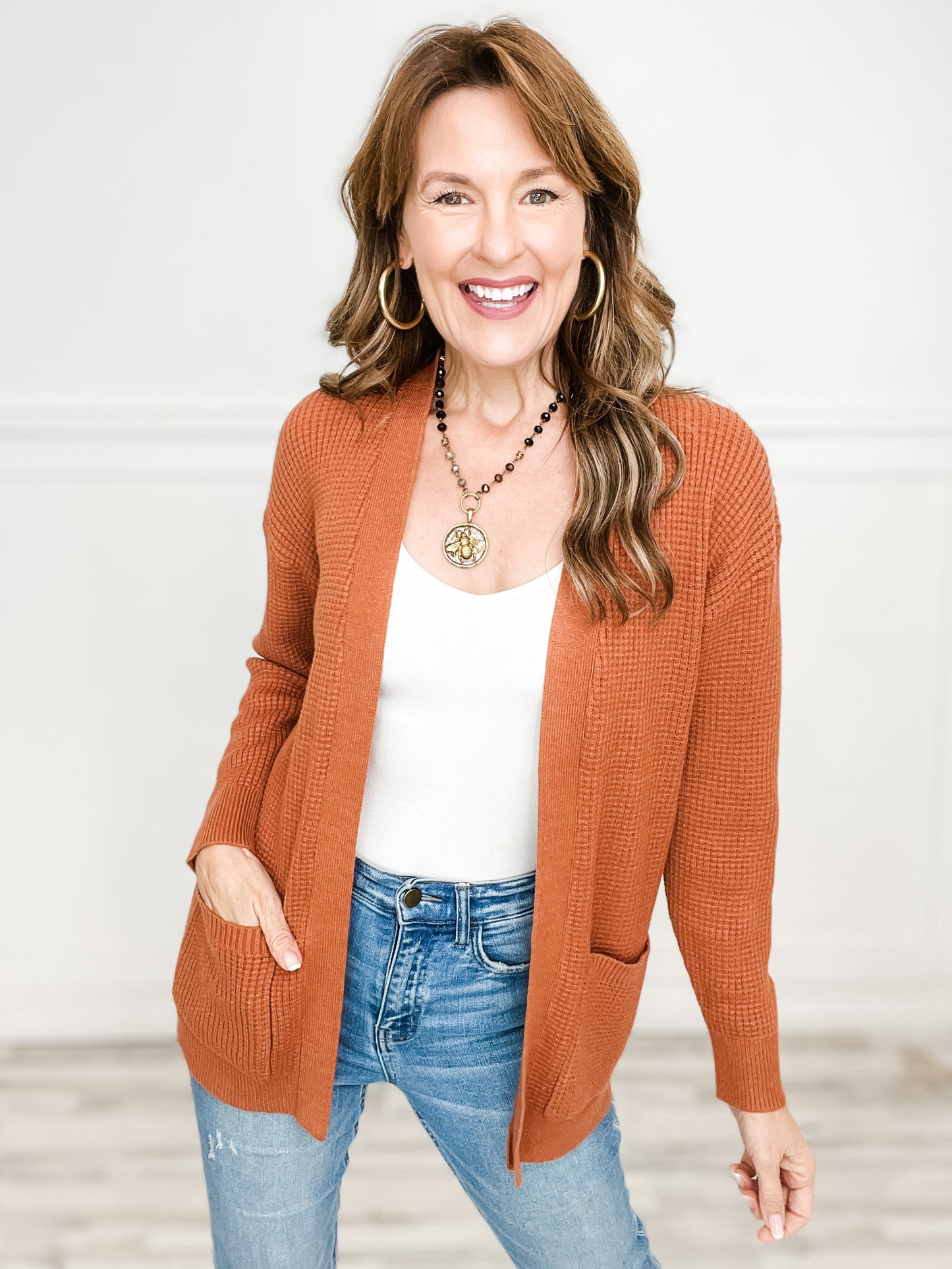 Waffle Textured Open Front Cardigan Sweater with Pockets