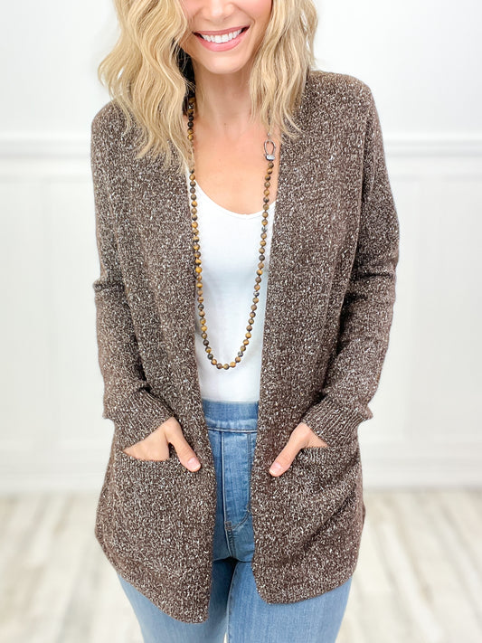 Chocolate Sprinkles Open Front Long Sleeve Sweater Cardigan with Pockets