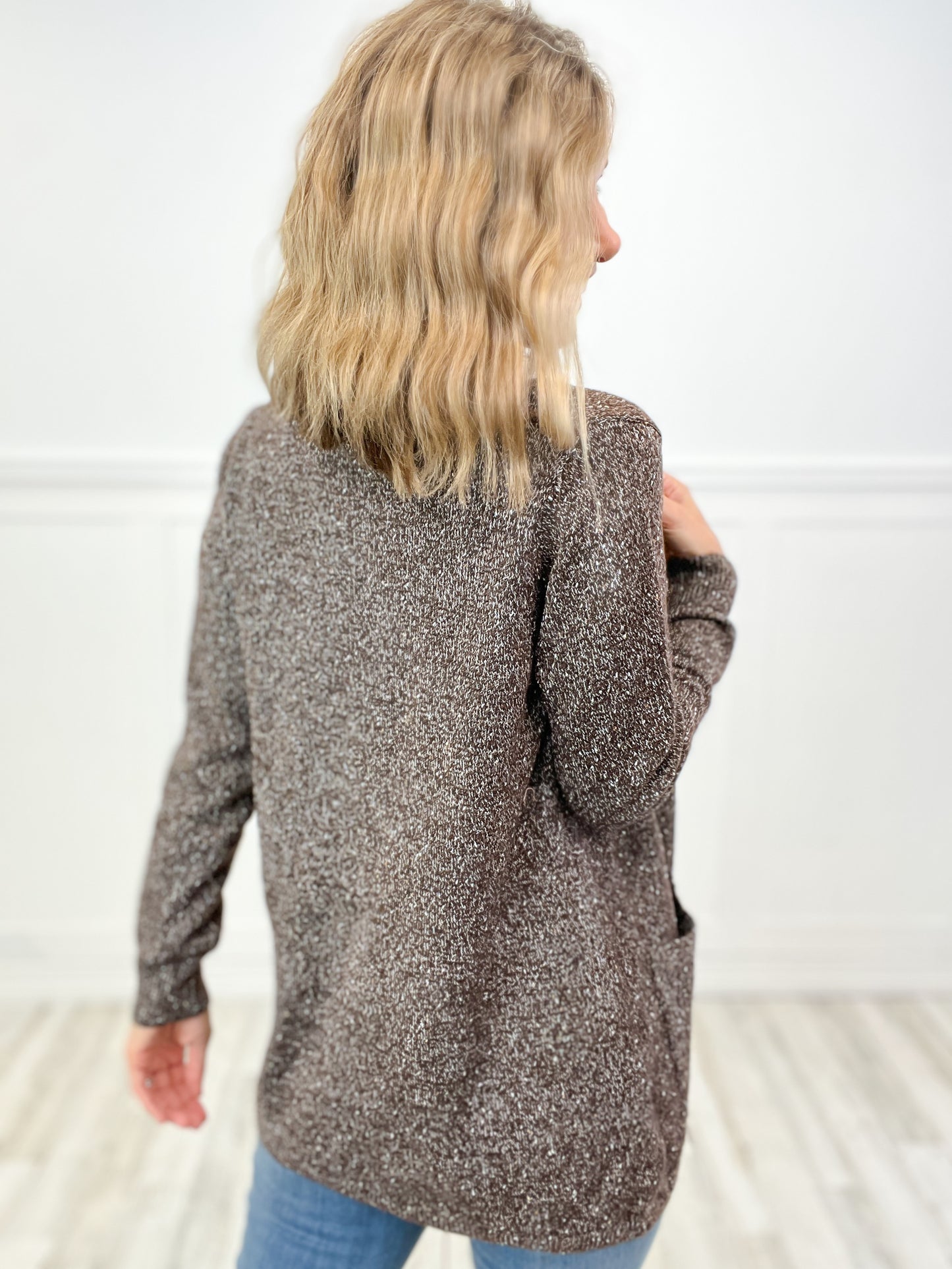 Chocolate Sprinkles Open Front Long Sleeve Sweater Cardigan with Pockets