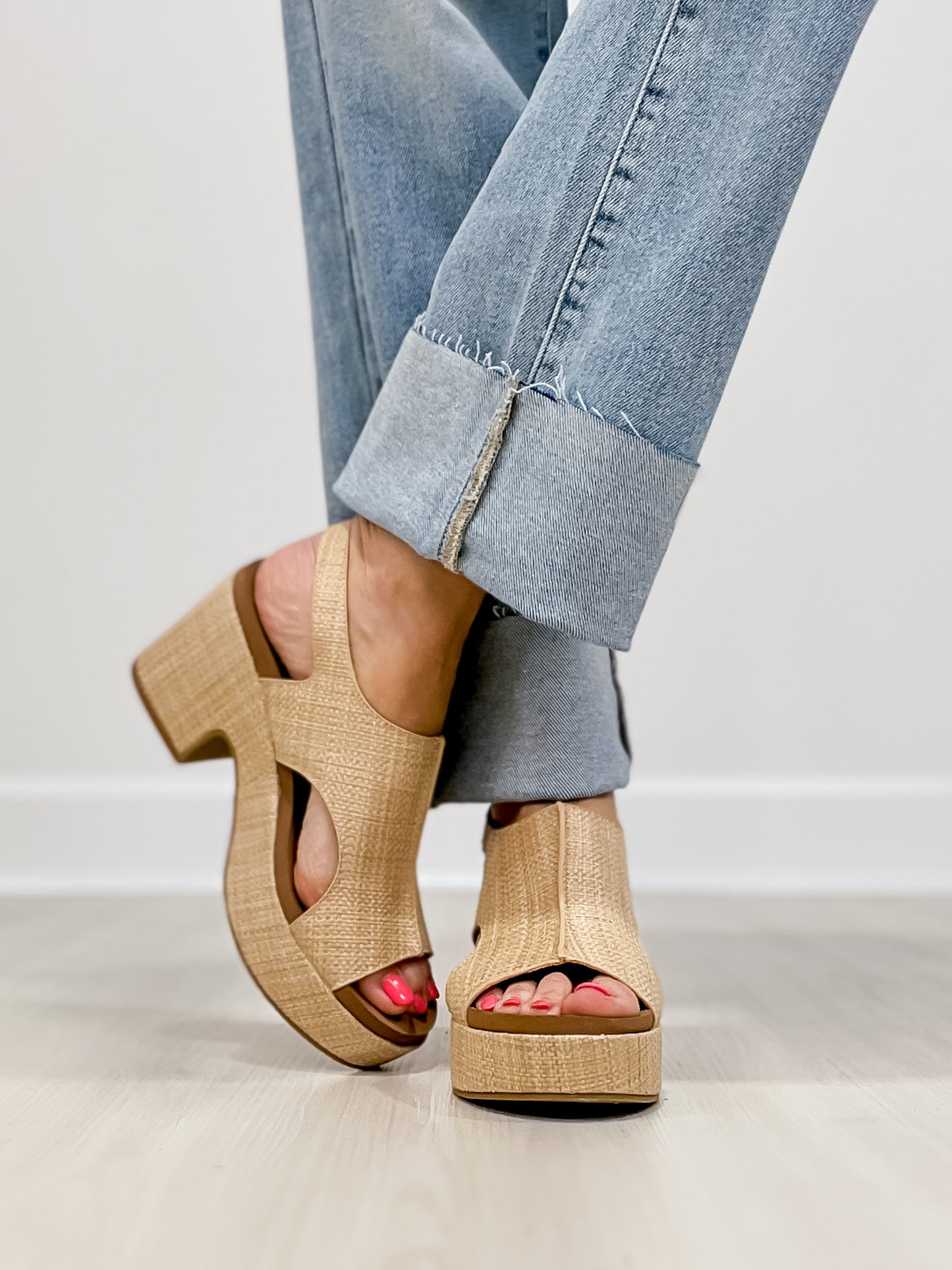 Corkys Miss Carley Block Heel Sandals in Raffia