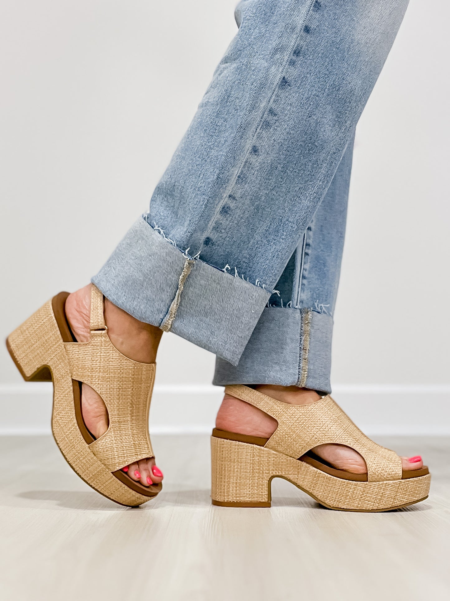 Corkys Miss Carley Block Heel Sandals in Raffia