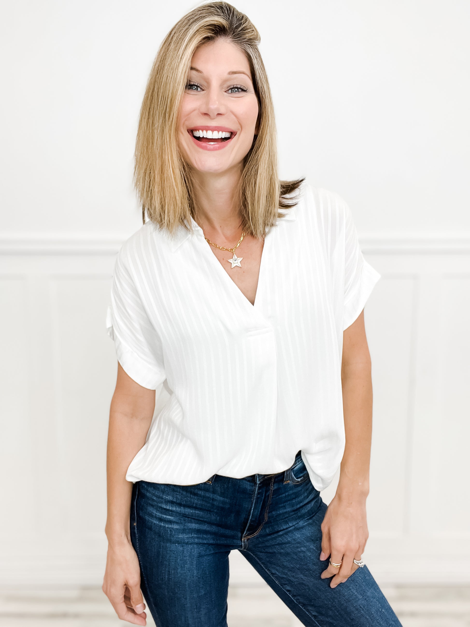 Lovin On Me Striped Collared Split Neck Blouse Top