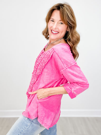 SMOCKED FRONT HENLEY NECK OVERSIZED TOP