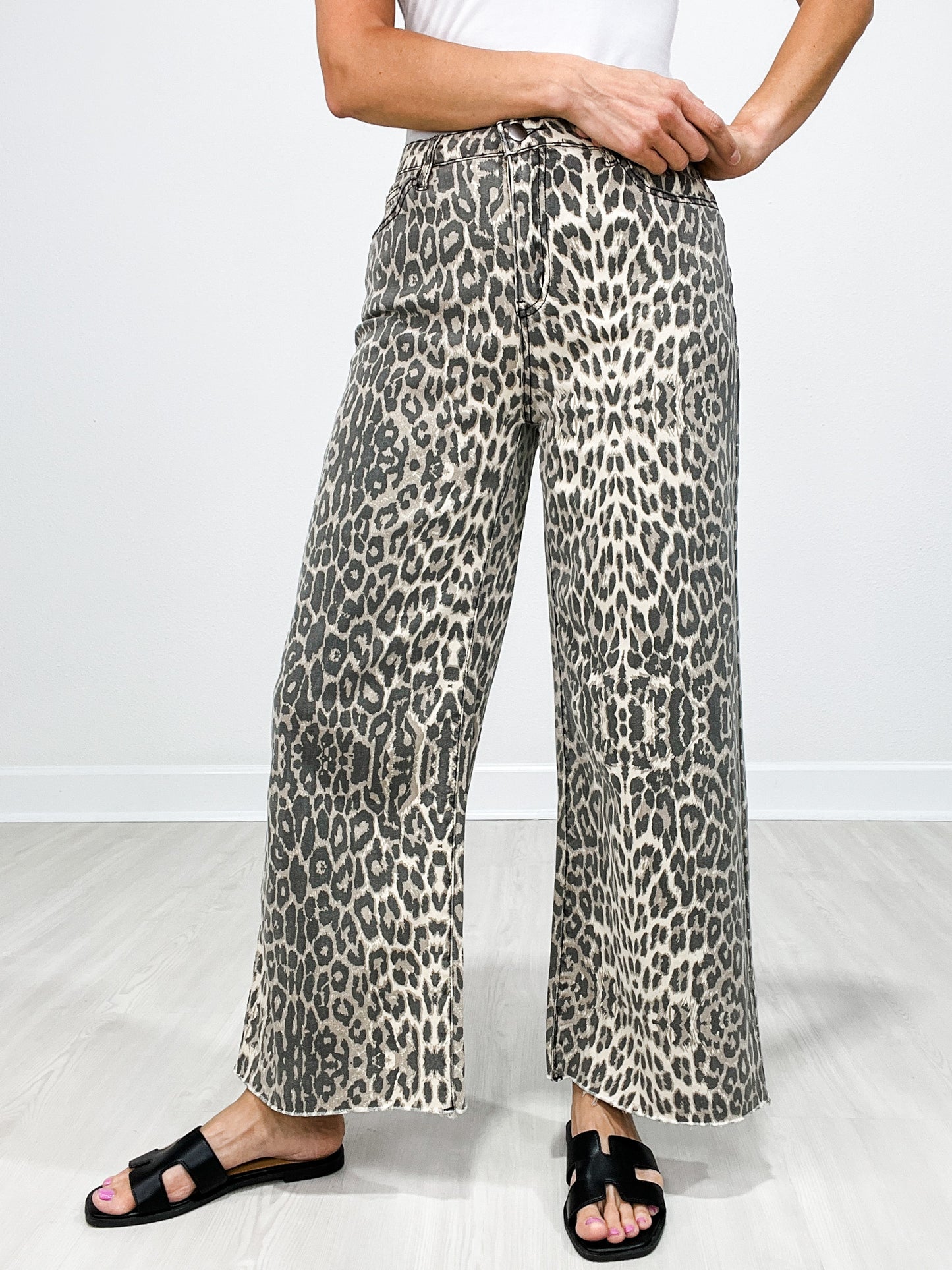 Wide Leg Animal Print Twill Pants with Raw Hem
