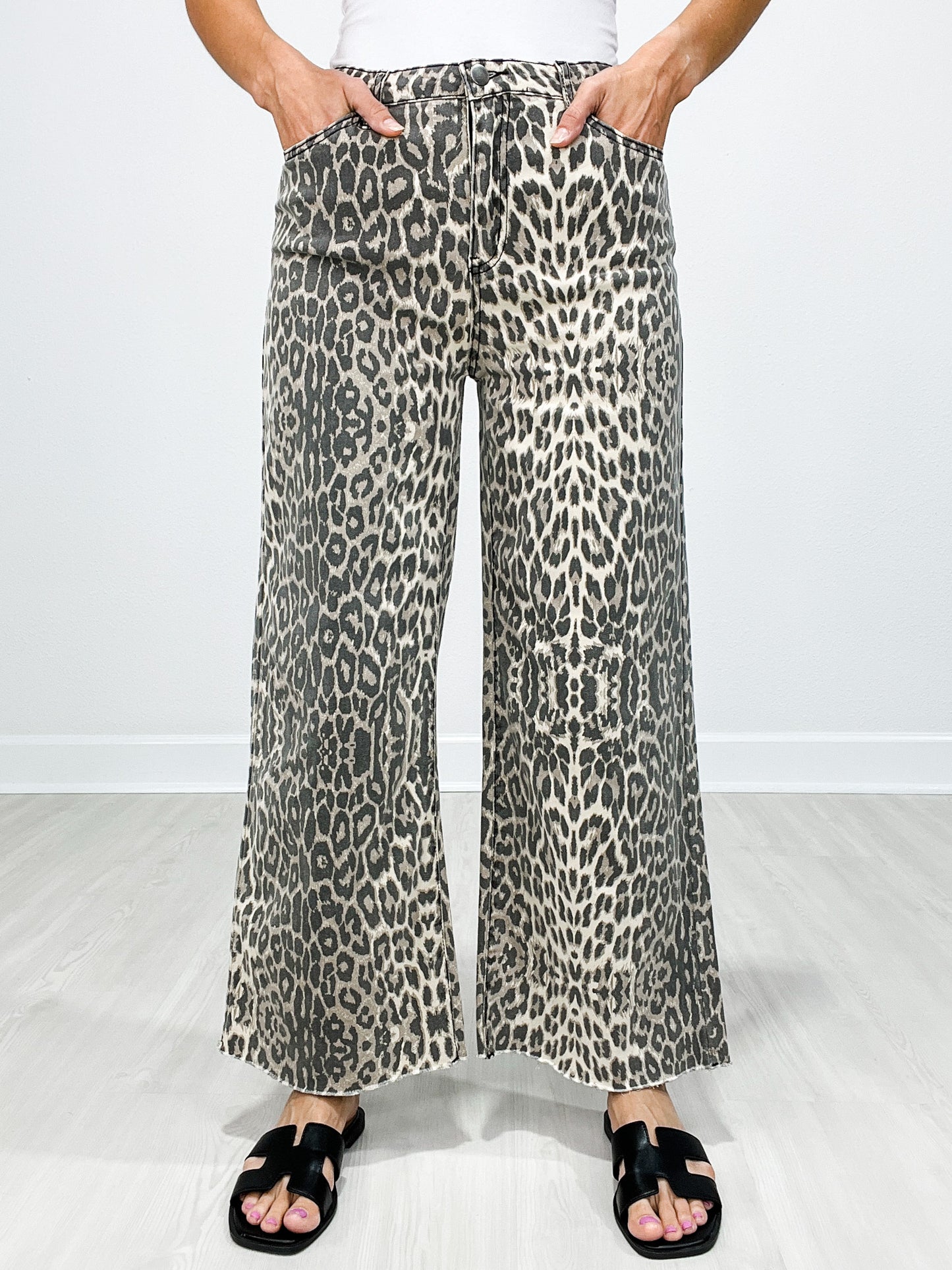 Wide Leg Animal Print Twill Pants with Raw Hem