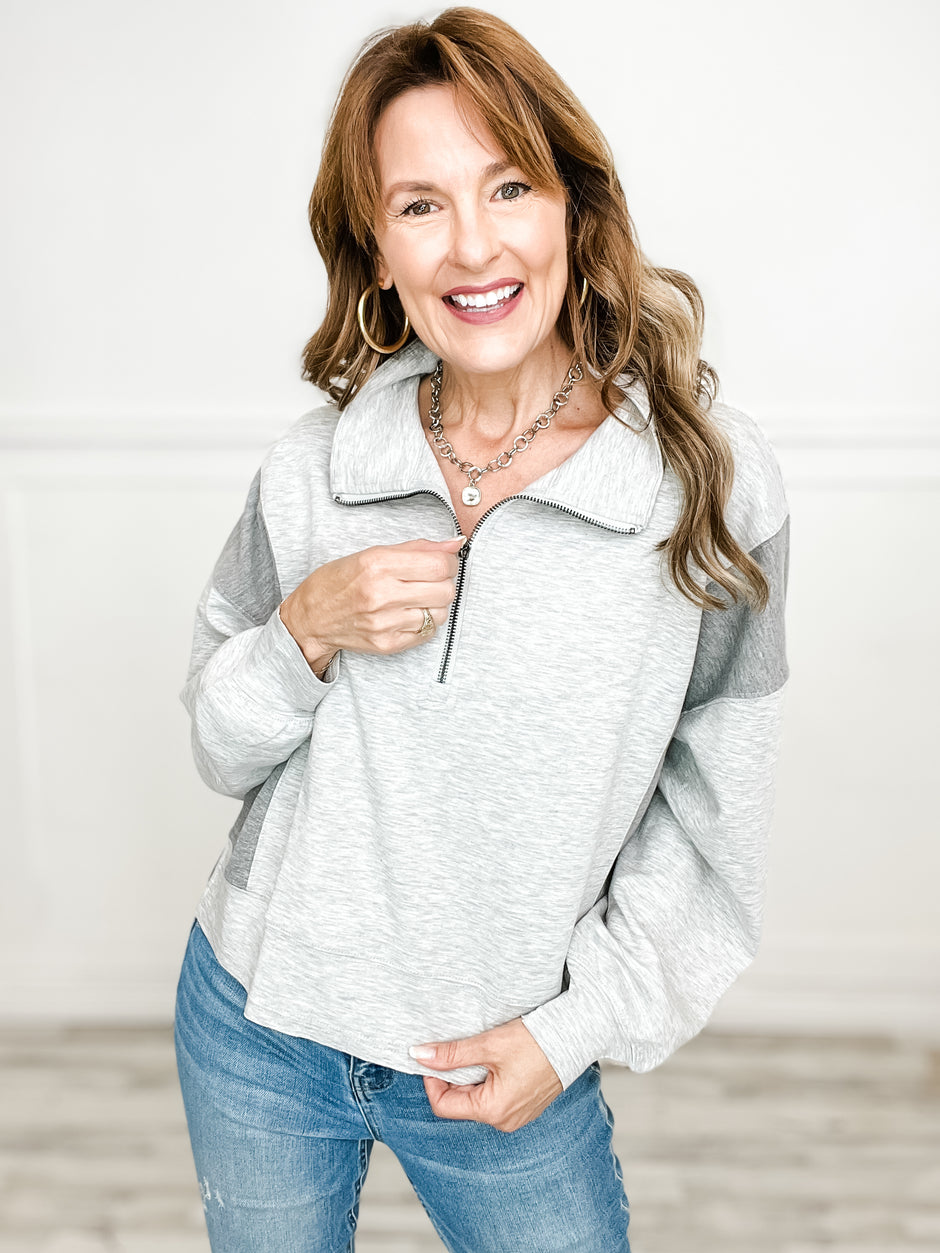 Long Banded Sleeve Solid Knit Top with Zipper Front