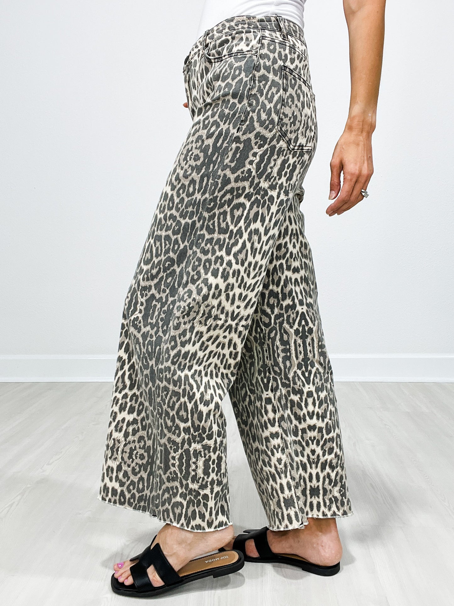 Wide Leg Animal Print Twill Pants with Raw Hem