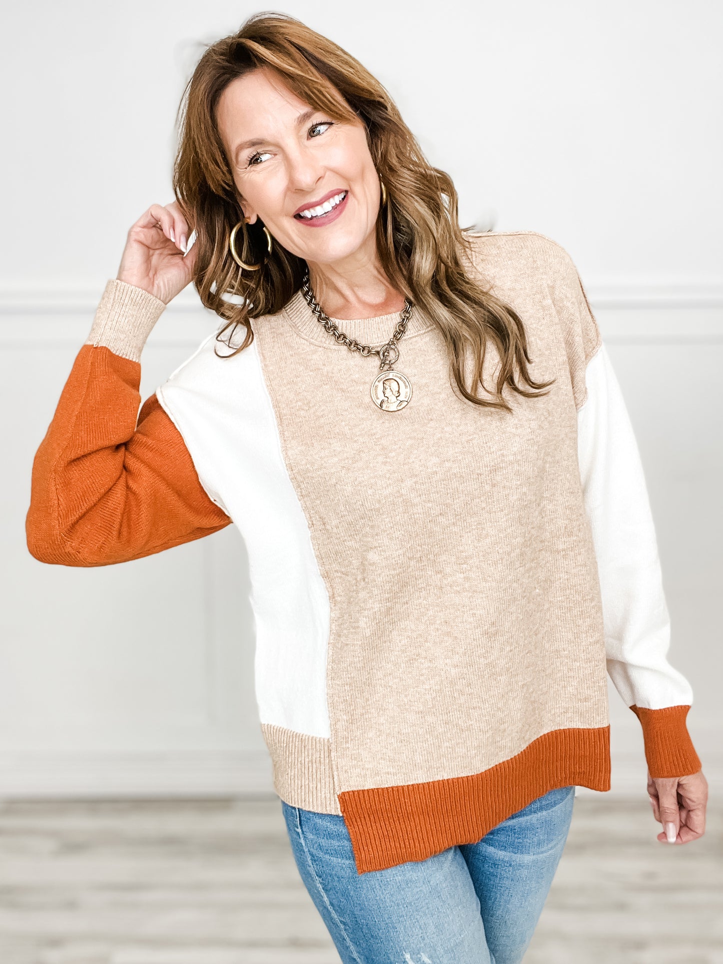 Long Sleeve Solid Knit Color Block Top