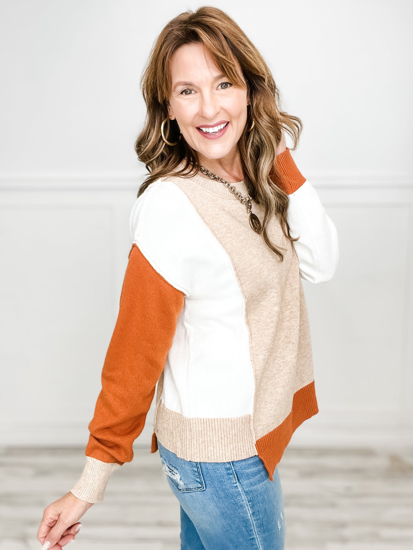 Long Sleeve Solid Knit Color Block Top