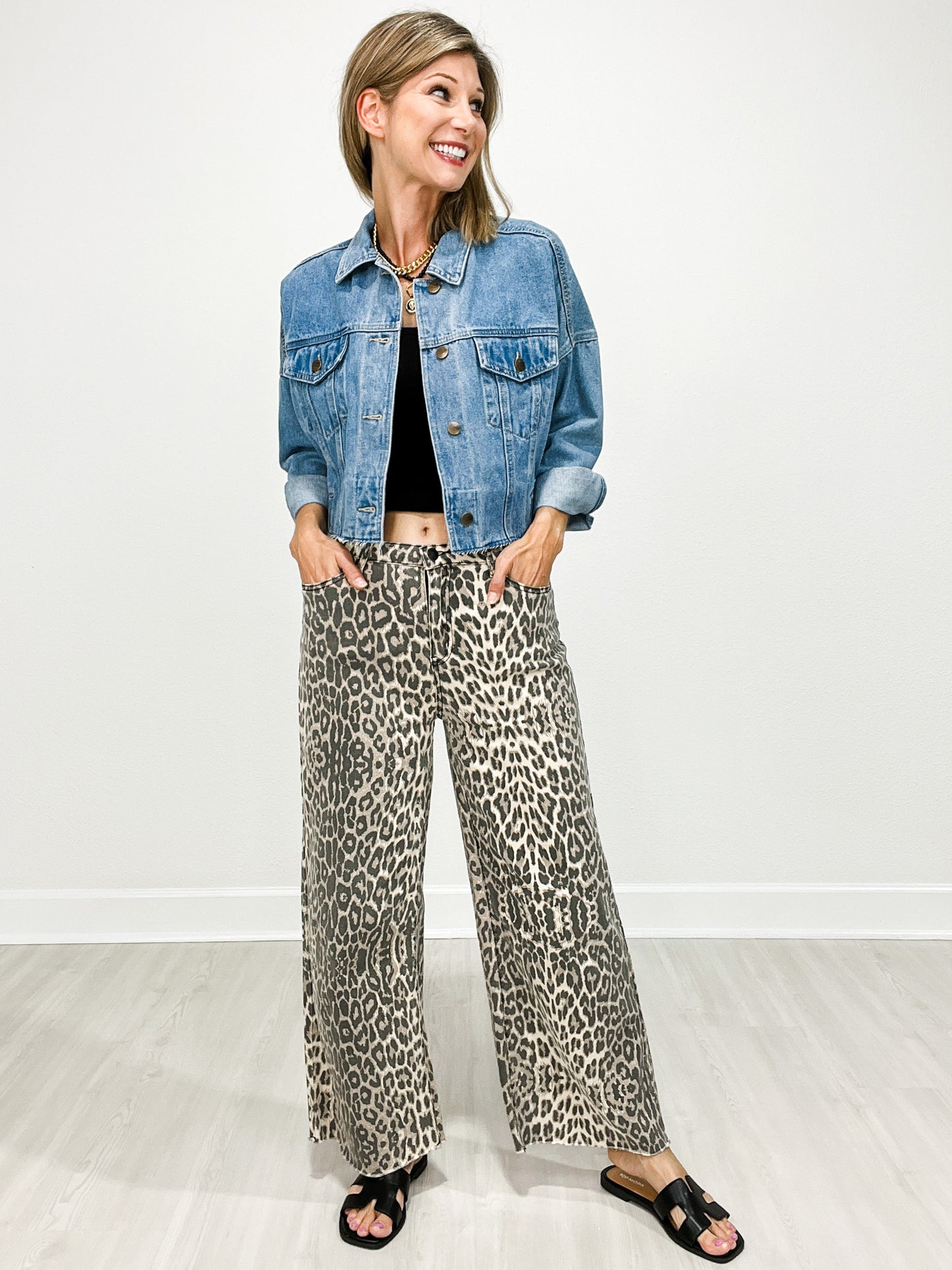 Wide Leg Animal Print Twill Pants with Raw Hem