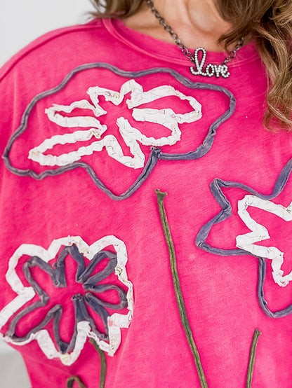 WASHED FLOWER APPLIQUE SHORT SLEEVE KNIT TOP