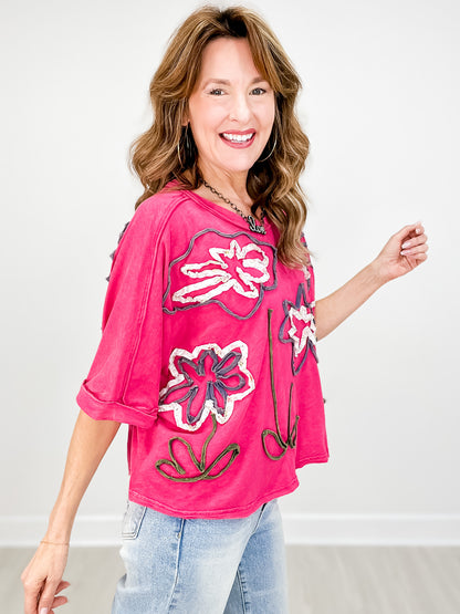 WASHED FLOWER APPLIQUE SHORT SLEEVE KNIT TOP