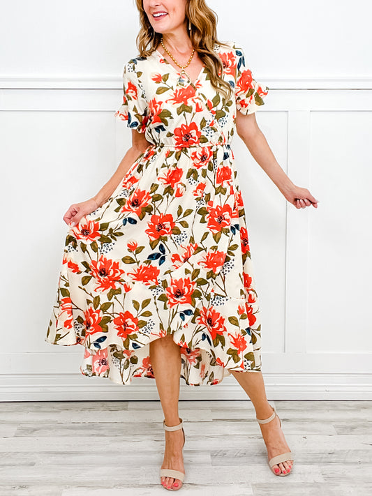 Garden of Silence Short Sleeve Floral Print V-Neck Hi-Low Elastic Waist Midi Dress