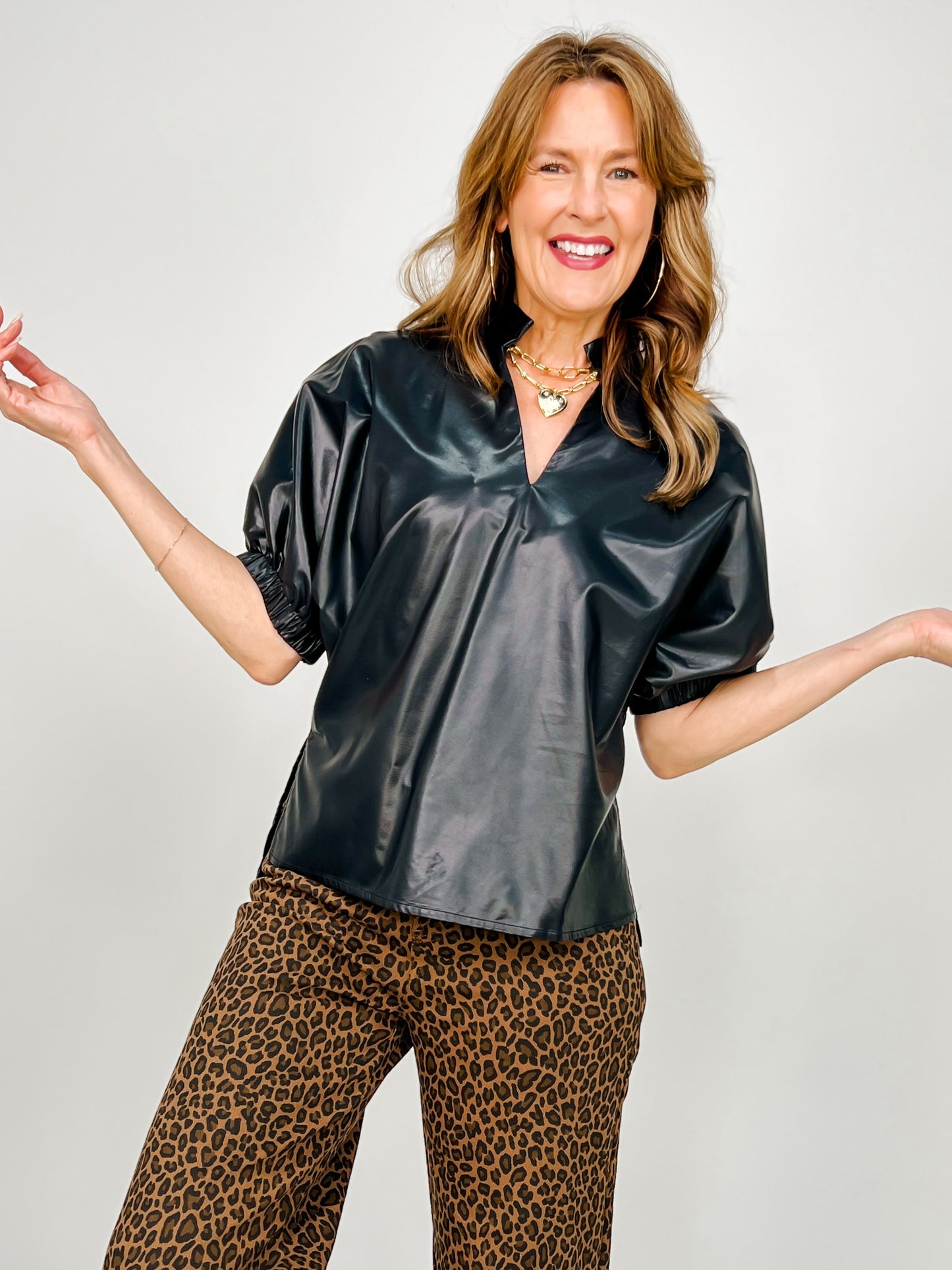 Faux Leather Top with Gathered Short Sleeves