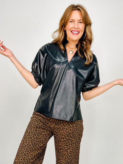 Faux Leather Top with Gathered Short Sleeves