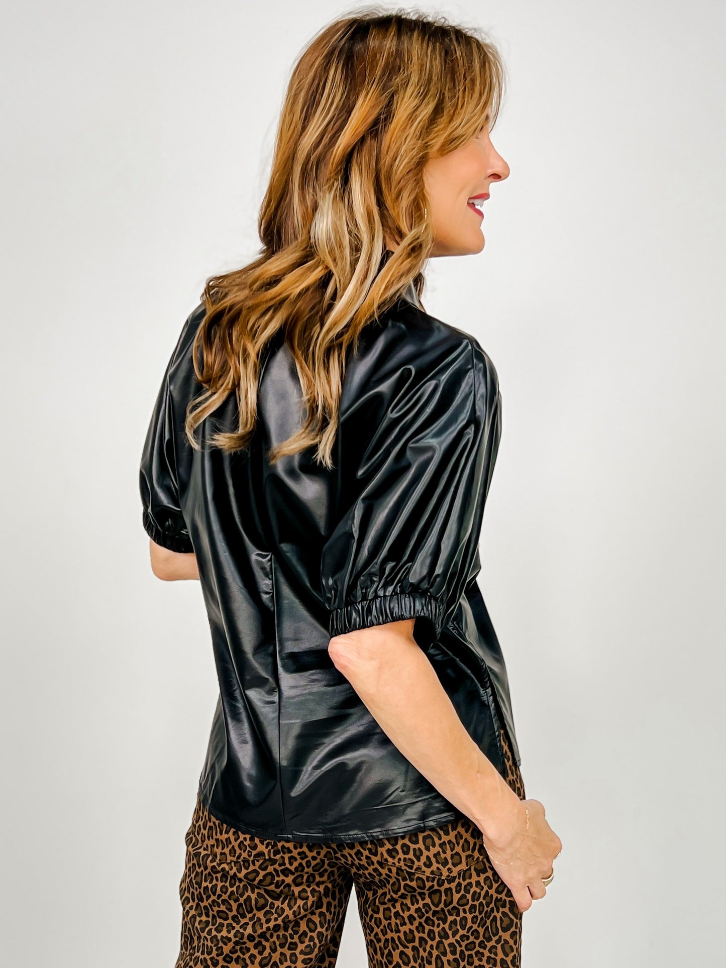 Faux Leather Top with Gathered Short Sleeves