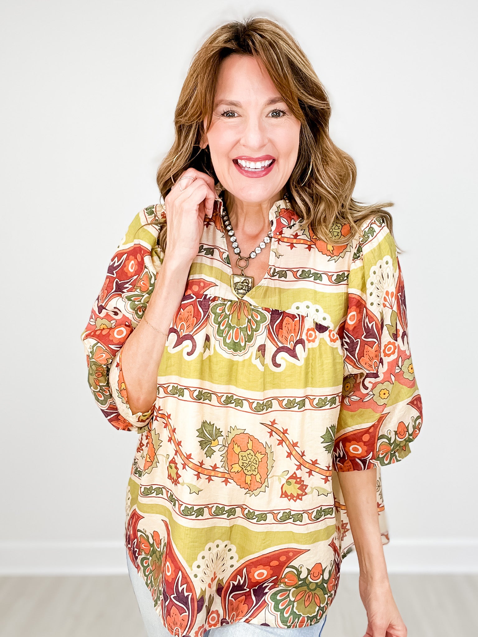 Split Neck 3/4 Puff Sleeve Boxy Cut Top