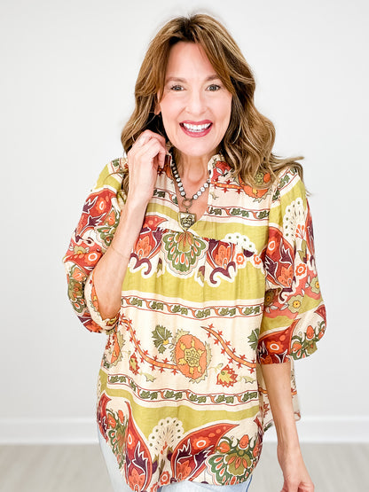 Split Neck 3/4 Puff Sleeve Boxy Cut Top