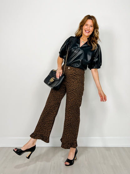 Faux Leather Top with Gathered Short Sleeves