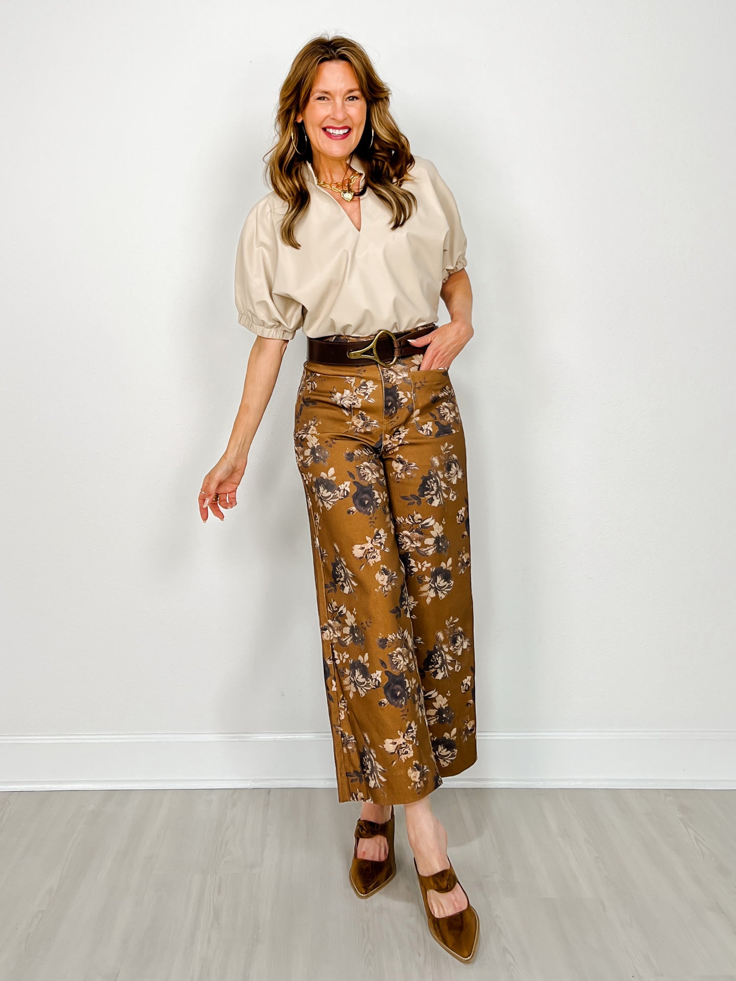Faux Leather Top with Gathered Short Sleeves