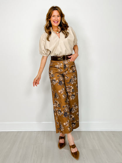 Faux Leather Top with Gathered Short Sleeves