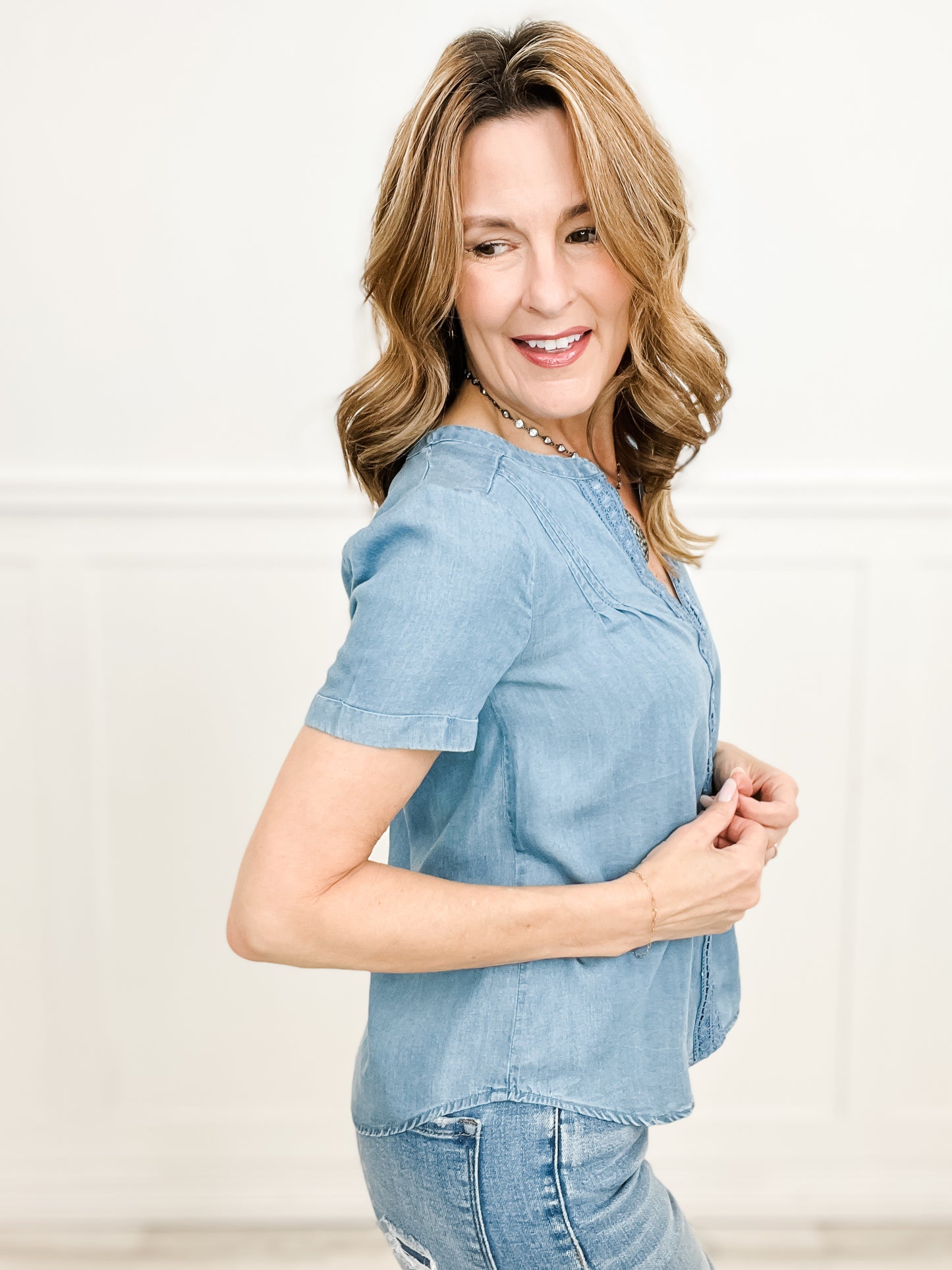 Dance The Night Split Neck Lace Trim Chambray Top