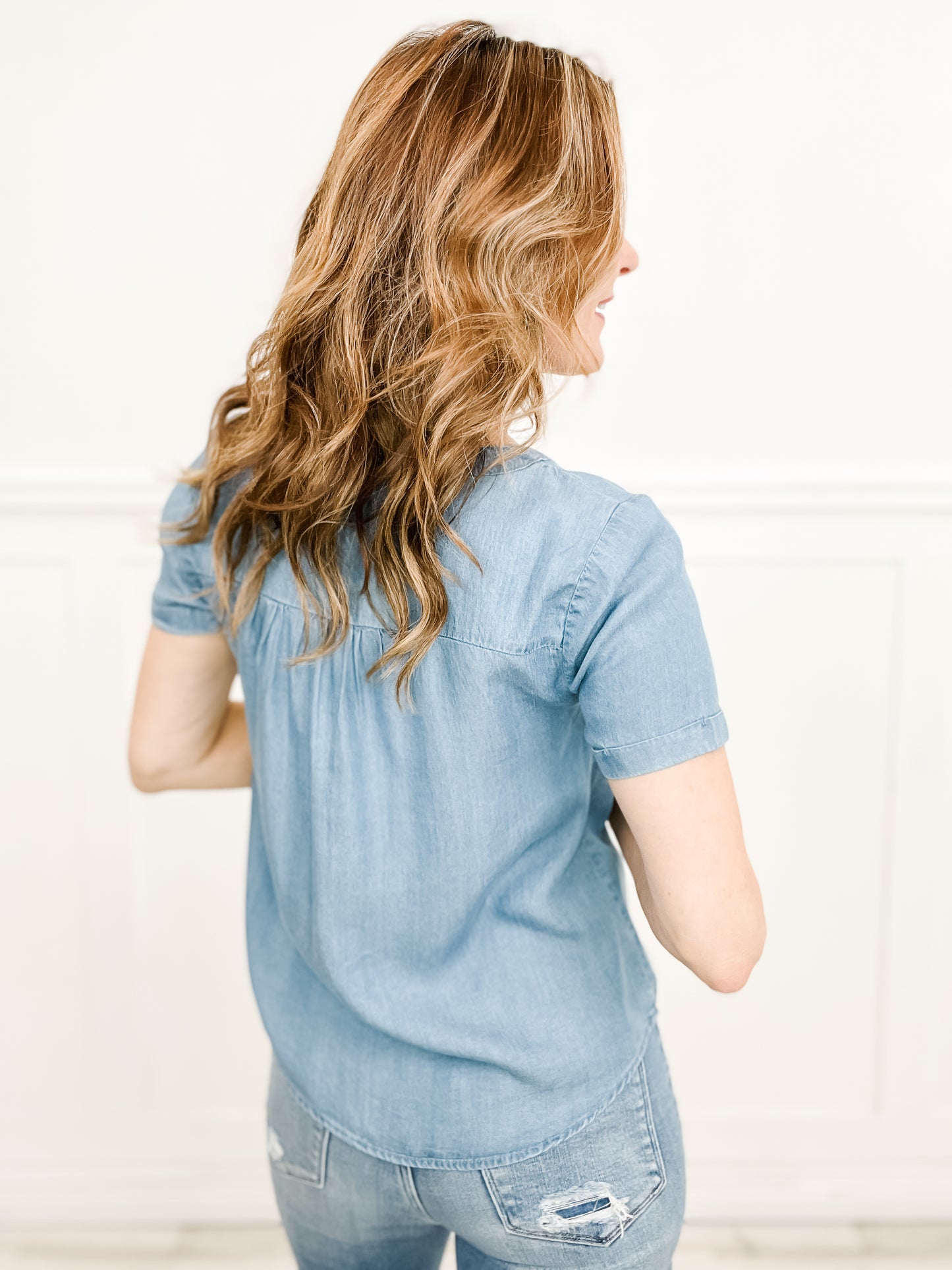 Dance The Night Split Neck Lace Trim Chambray Top