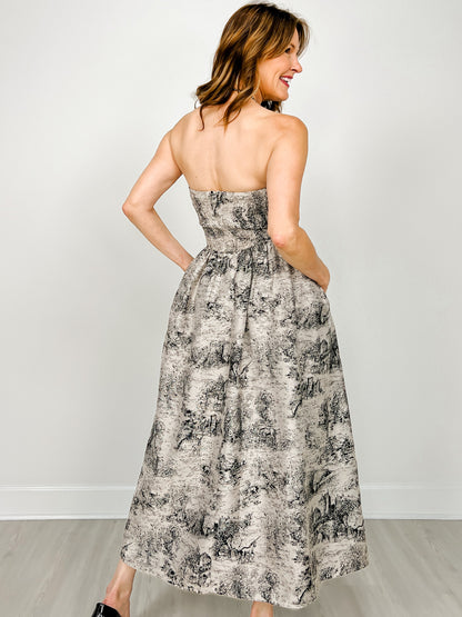 Strapless Midi Dress with Straight Neckline and Pleated Skirt