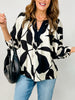 Leaf Print V-Neck Top with Balloon Sleeves