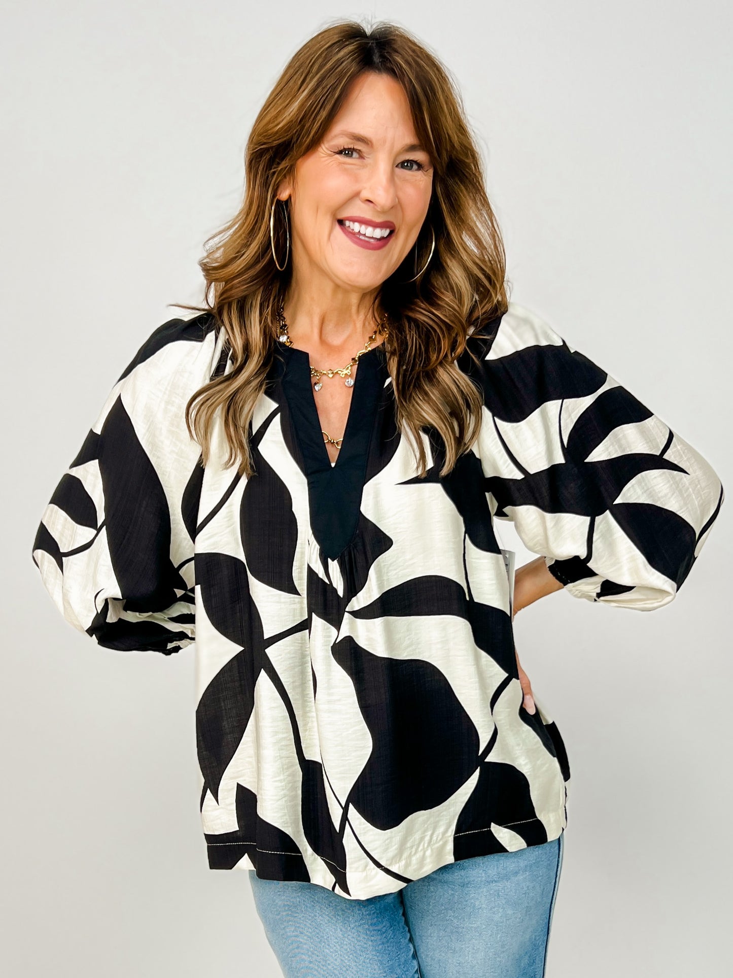 Leaf Print V-Neck Top with Balloon Sleeves