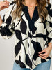 Leaf Print V-Neck Top with Balloon Sleeves