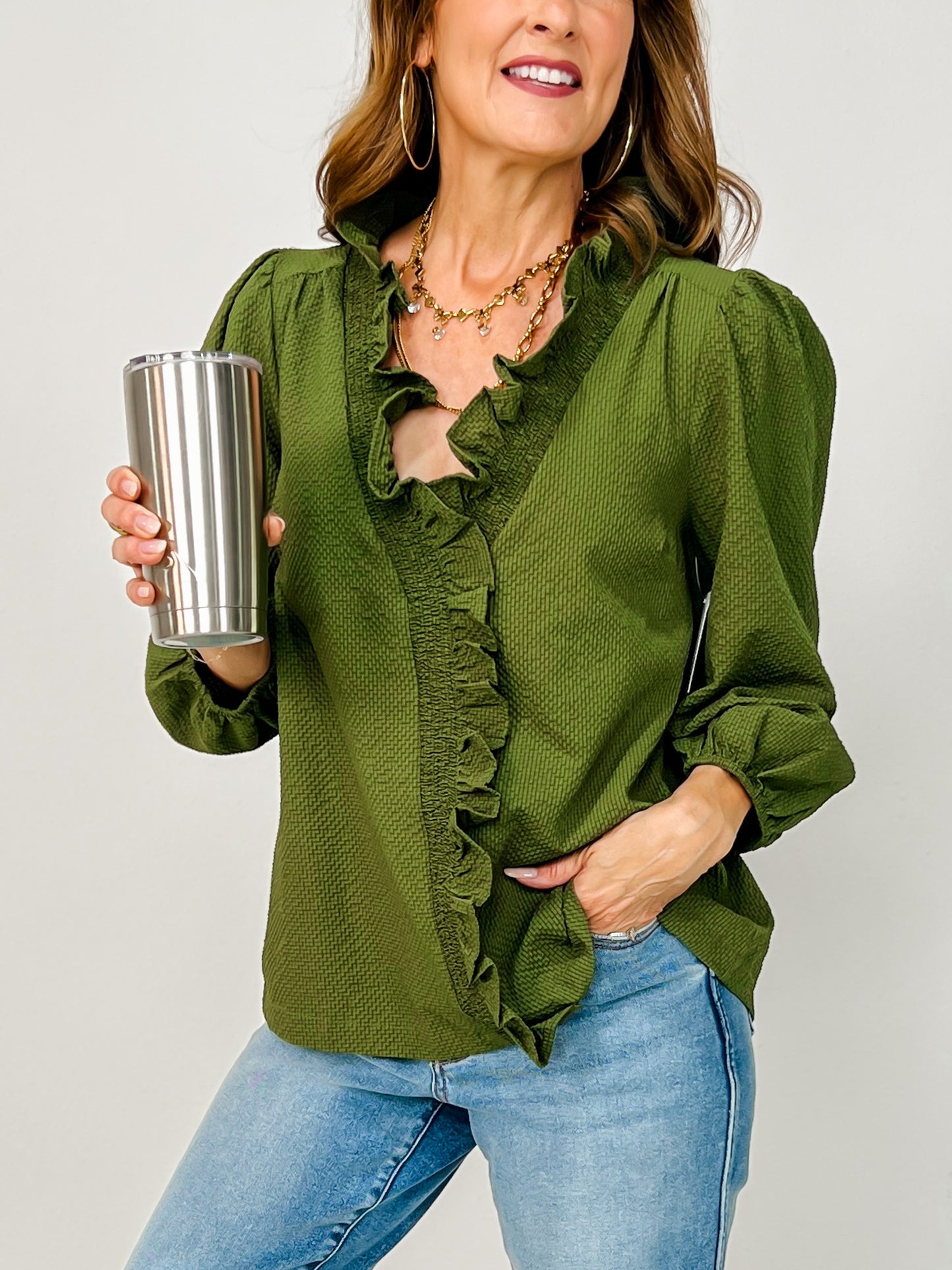 Textured Ruffle Trim Top with 3/4 Puff Sleeves