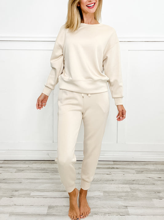 Sporty Chic Long Sleeve Top with Elastic Waist Jogger Set in Oatmeal