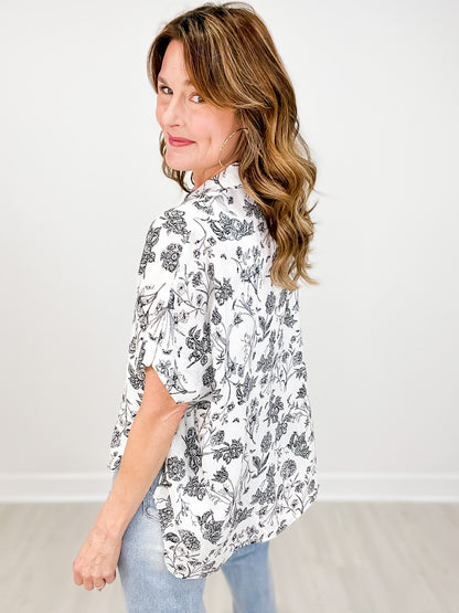 Two Tone Button Down Collared Floral Print Top