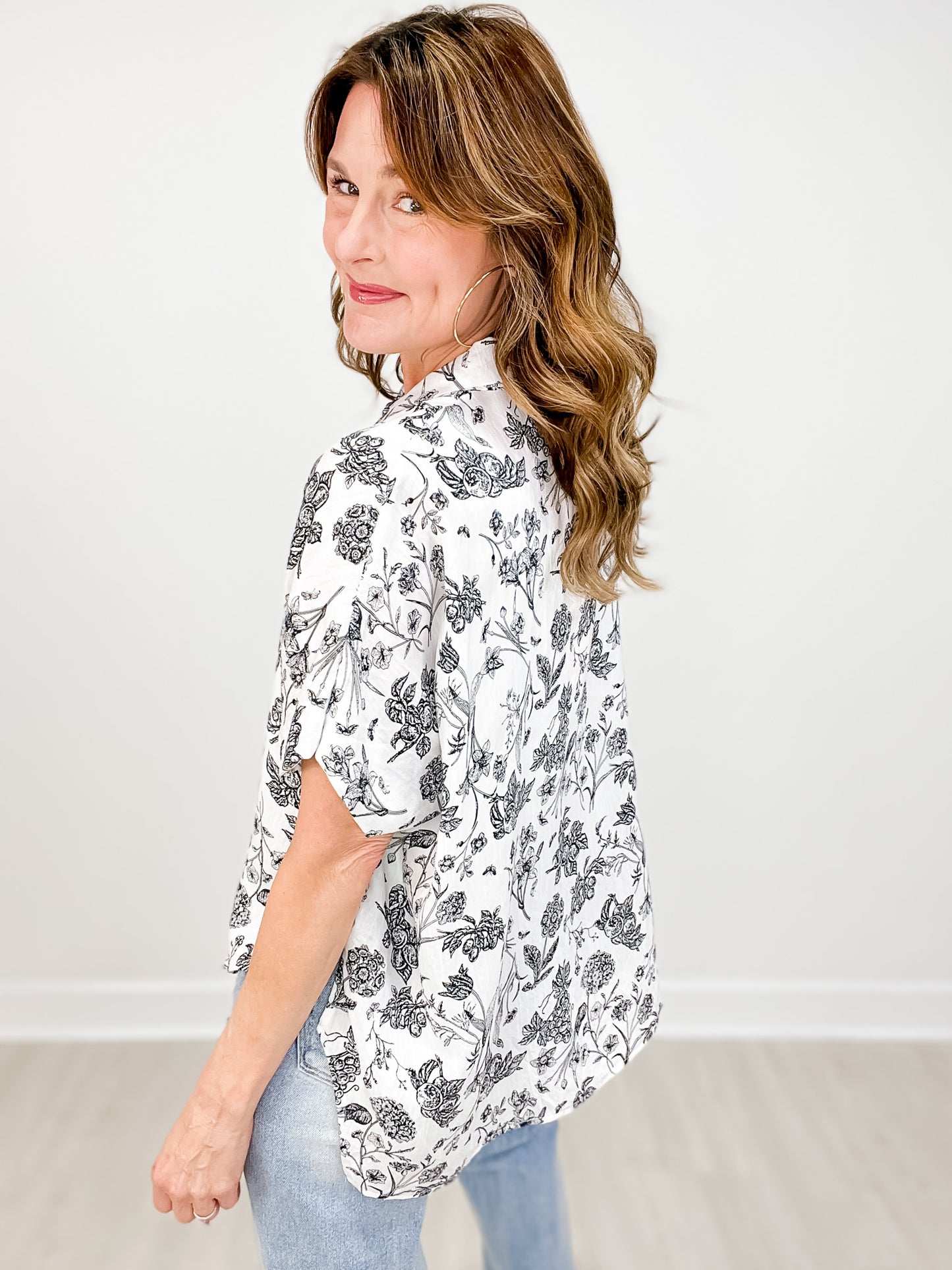 Two Tone Button Down Collared Floral Print Top