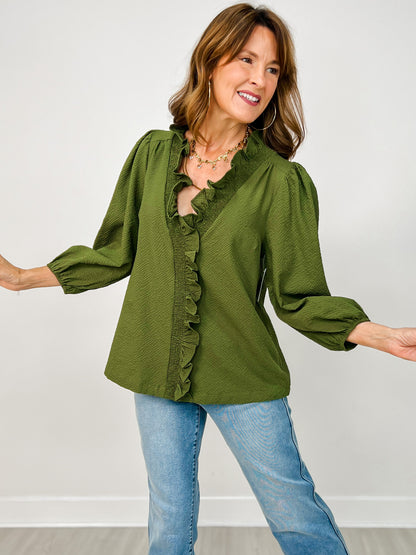 Textured Ruffle Trim Top with 3/4 Puff Sleeves