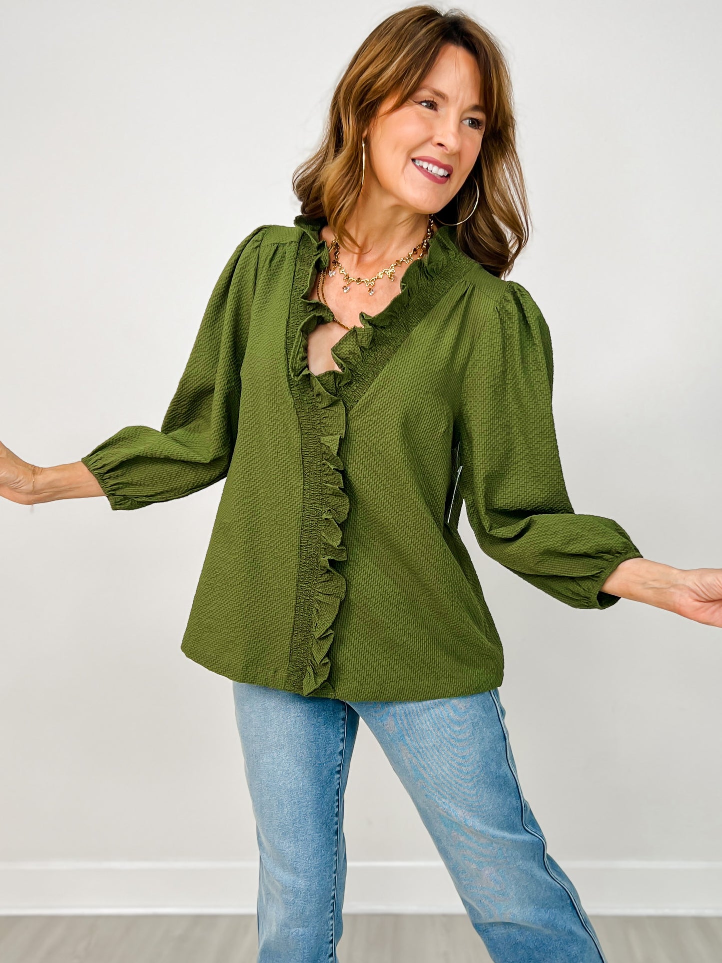 Textured Ruffle Trim Top with 3/4 Puff Sleeves