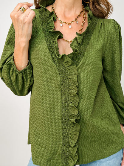 Textured Ruffle Trim Top with 3/4 Puff Sleeves