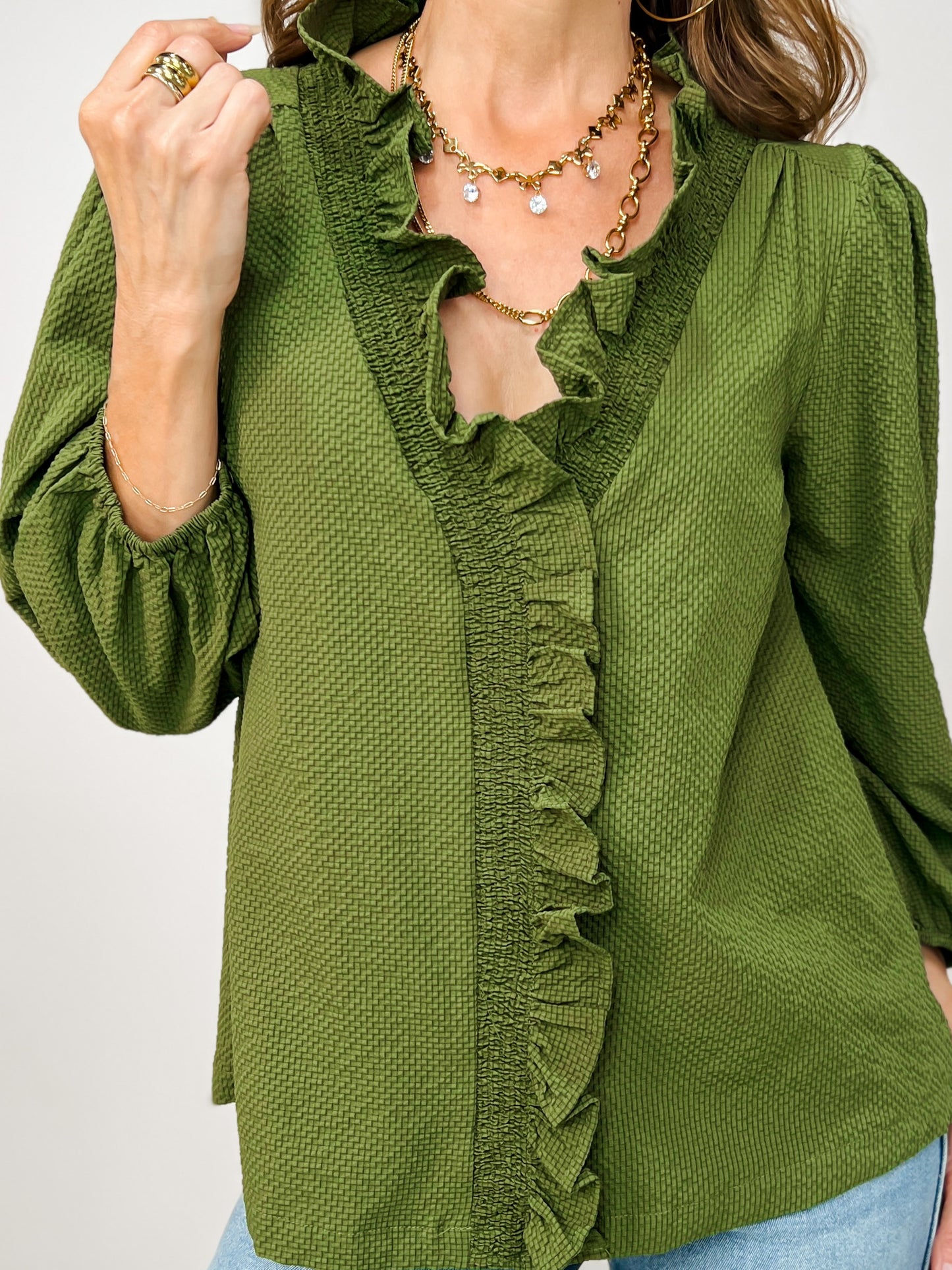 Textured Ruffle Trim Top with 3/4 Puff Sleeves