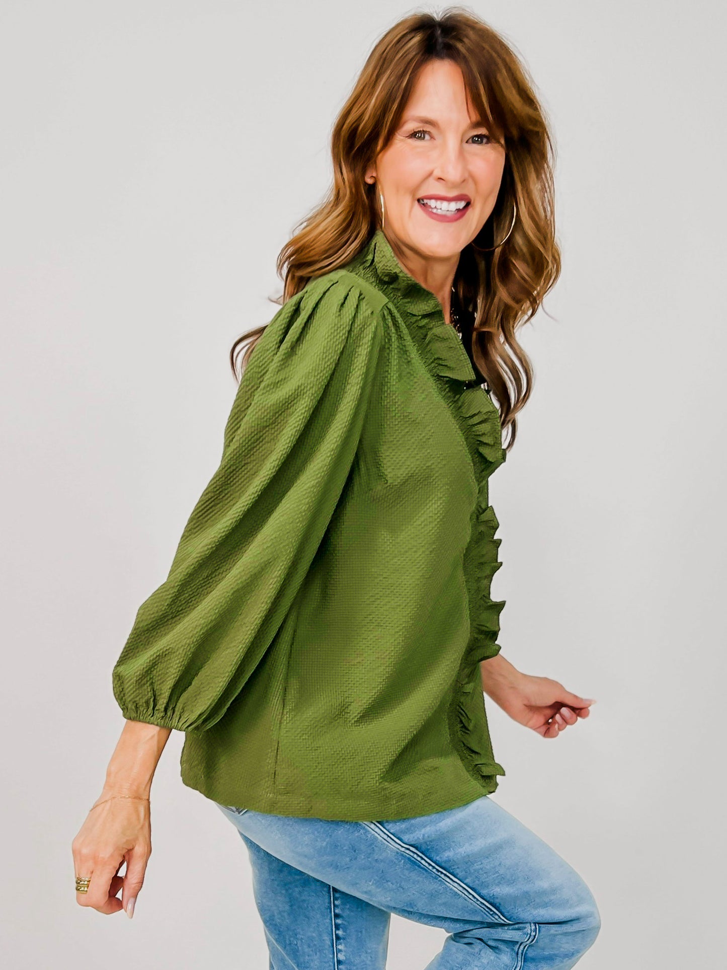 Textured Ruffle Trim Top with 3/4 Puff Sleeves