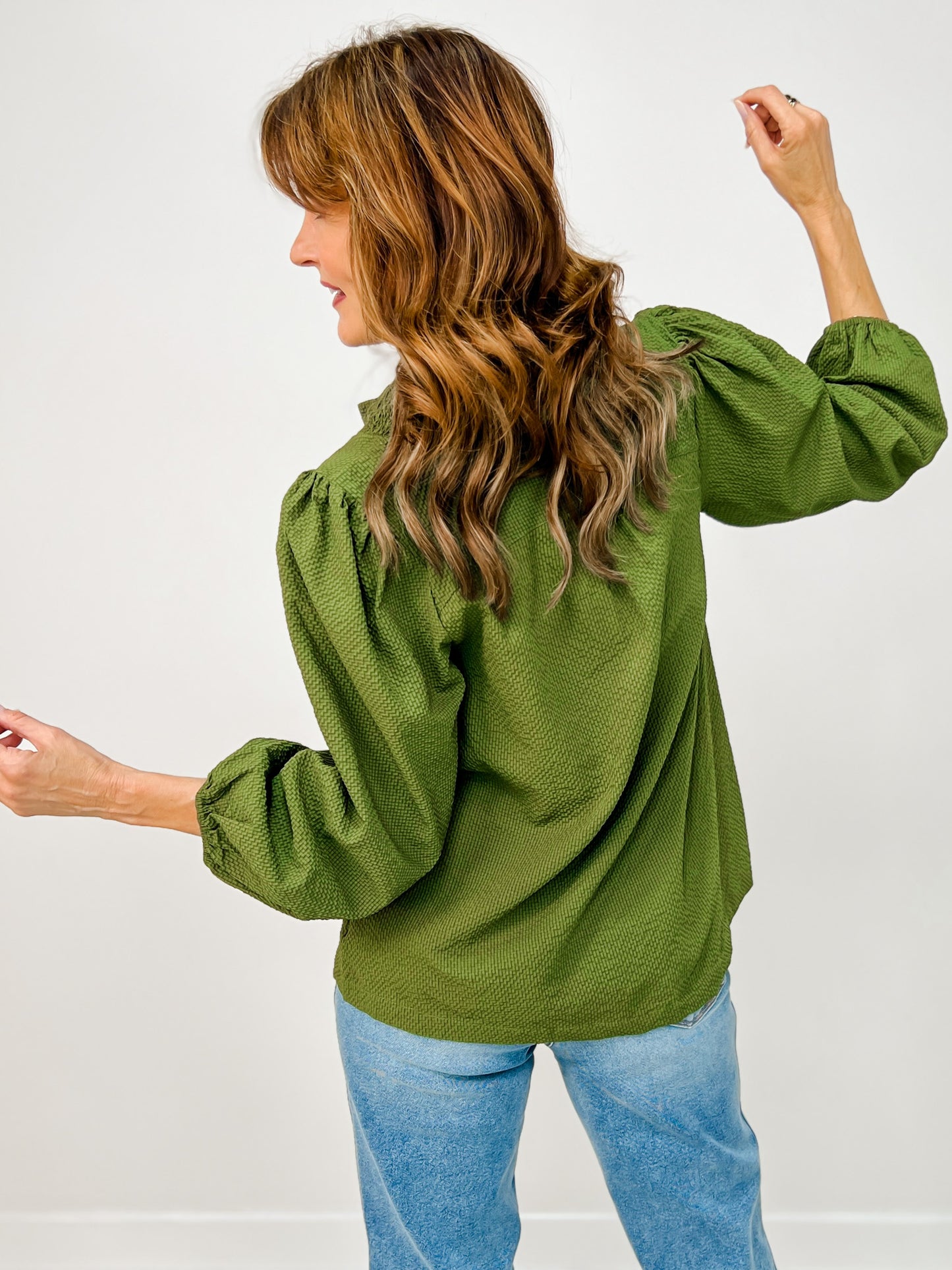 Textured Ruffle Trim Top with 3/4 Puff Sleeves