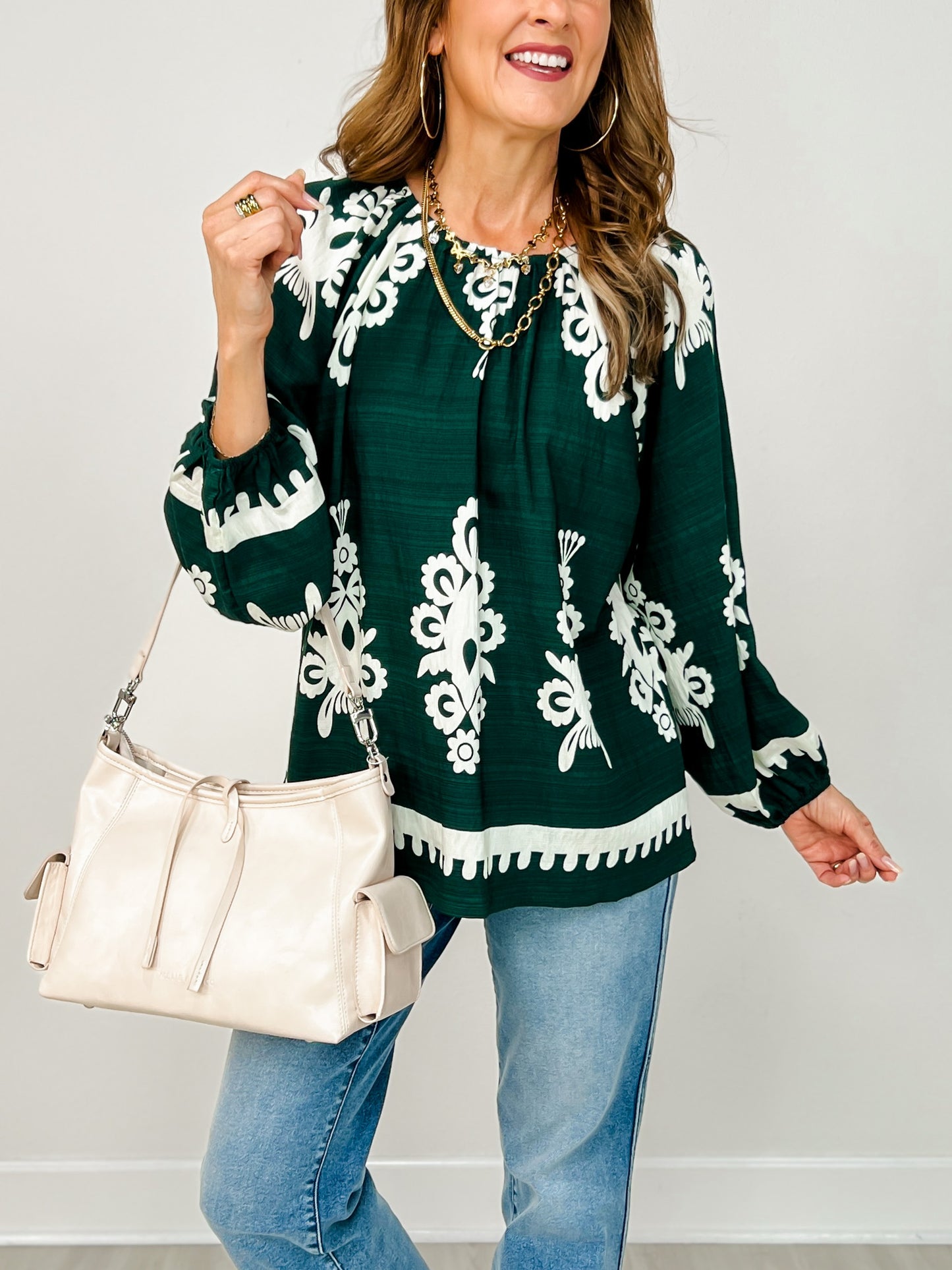 Floral Print Peasant Top with Bubble Sleeves