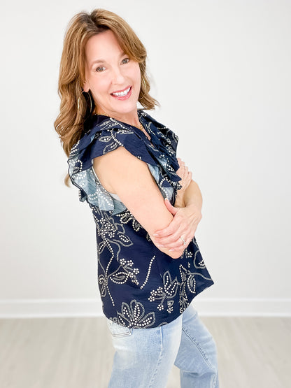 Floral Print V-Neckline Top with Ruffled Sleeves